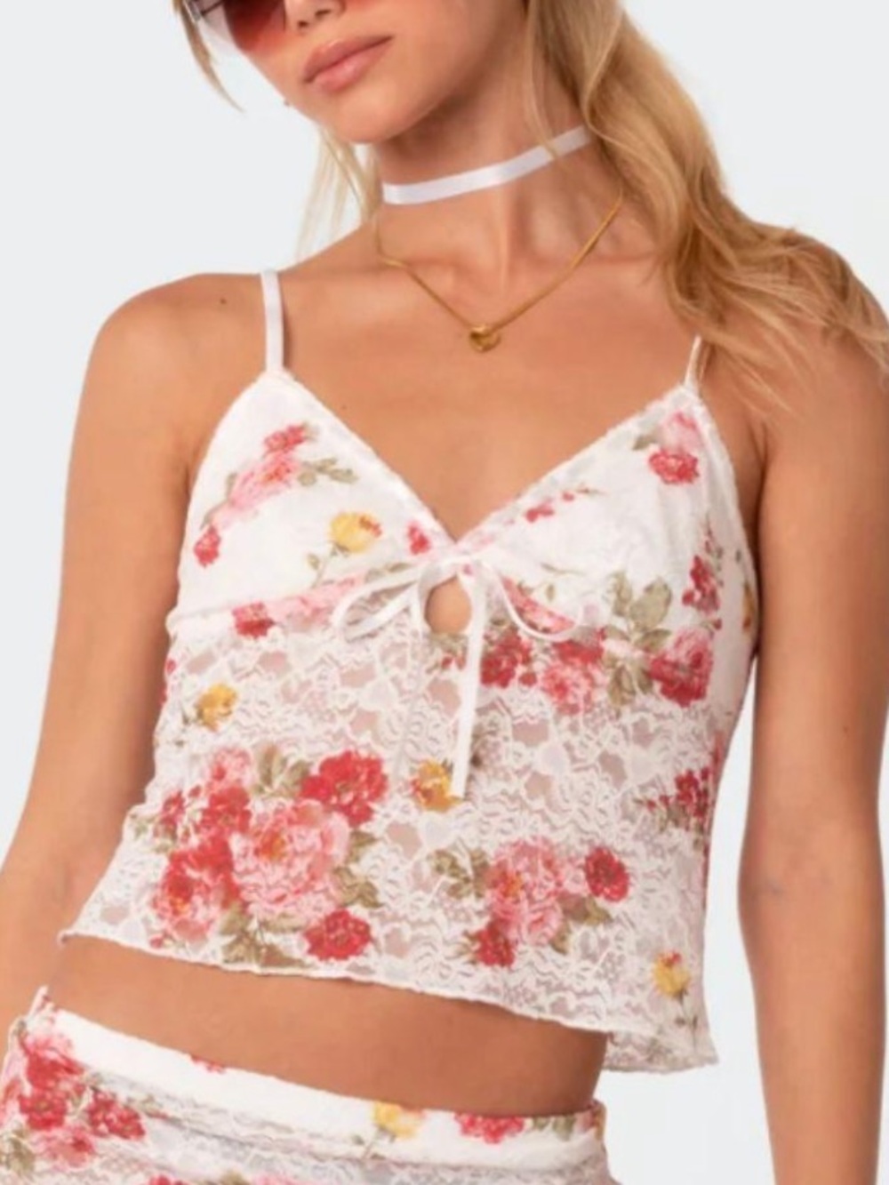 Edikted White Sheer Lace Floral Crop Top - Pink & Green Floral Print